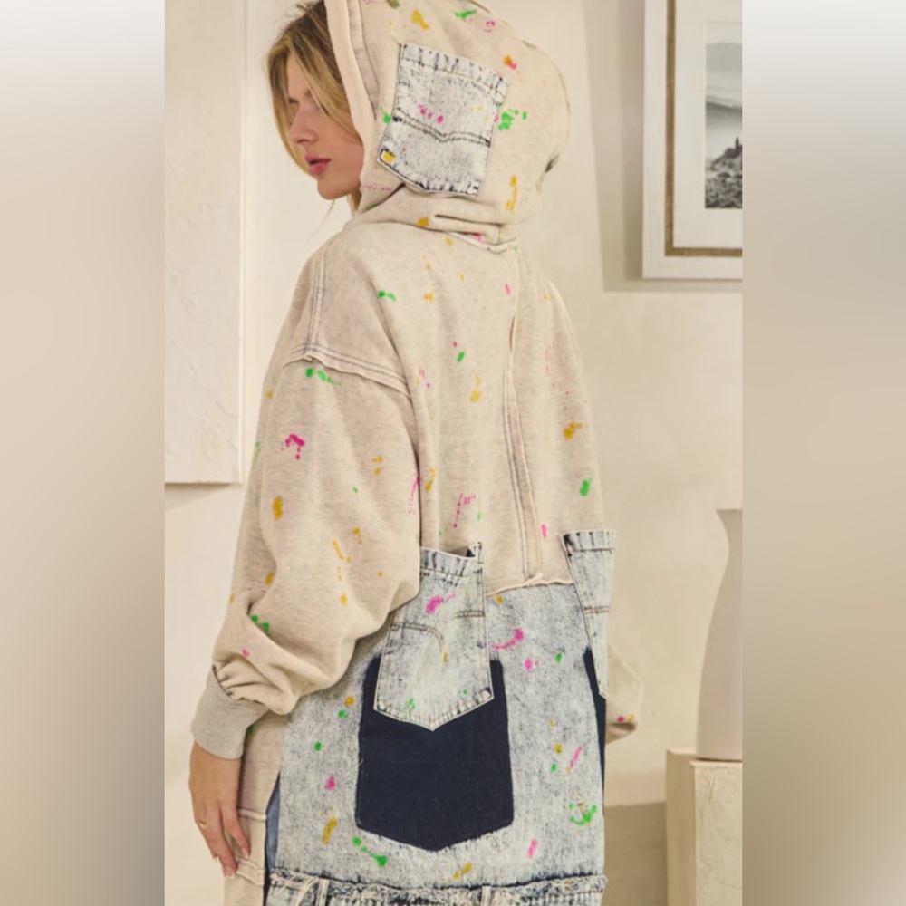 Oli & Hali Beige Hoodie with Paint Splatter and Denim Patchwork